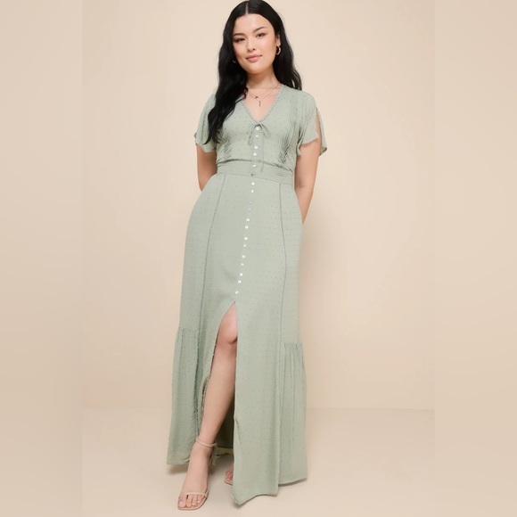 Lulu's Dresses & Skirts - Lulus NWT Completely In Love sage green Swiss dot  maxi dress. SIZE XL